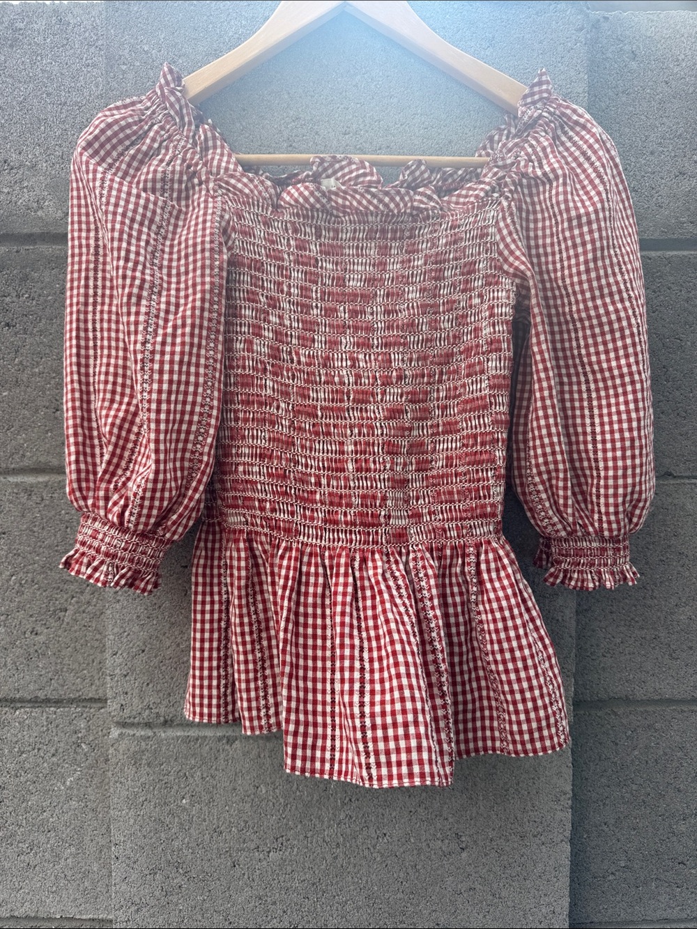 Red Rust Gingham Smocked Peplum Top - Women extra small half sleeve